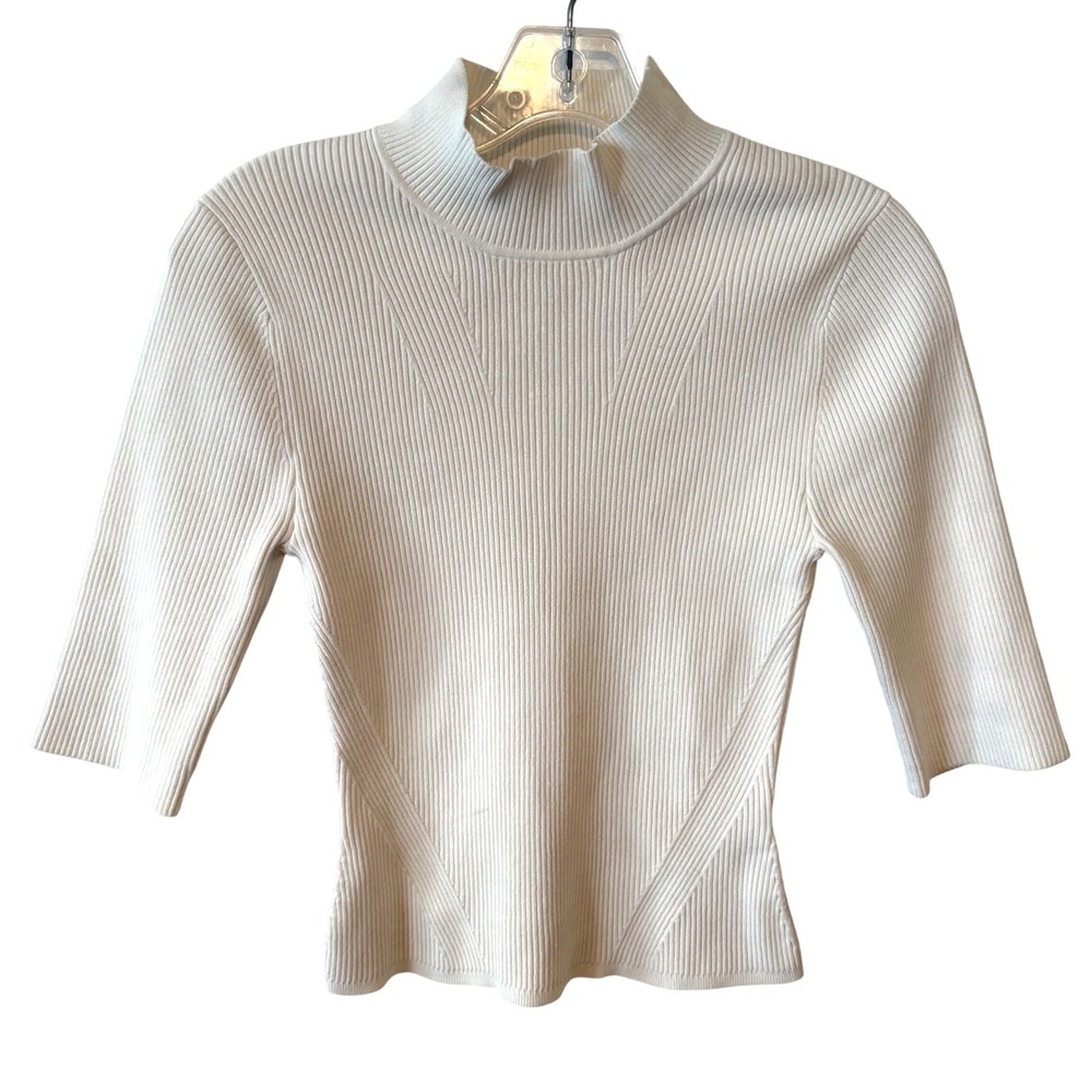 Veronica Beard White Ribbed Fitted Mock Neck Short Sleeve Top in Size S